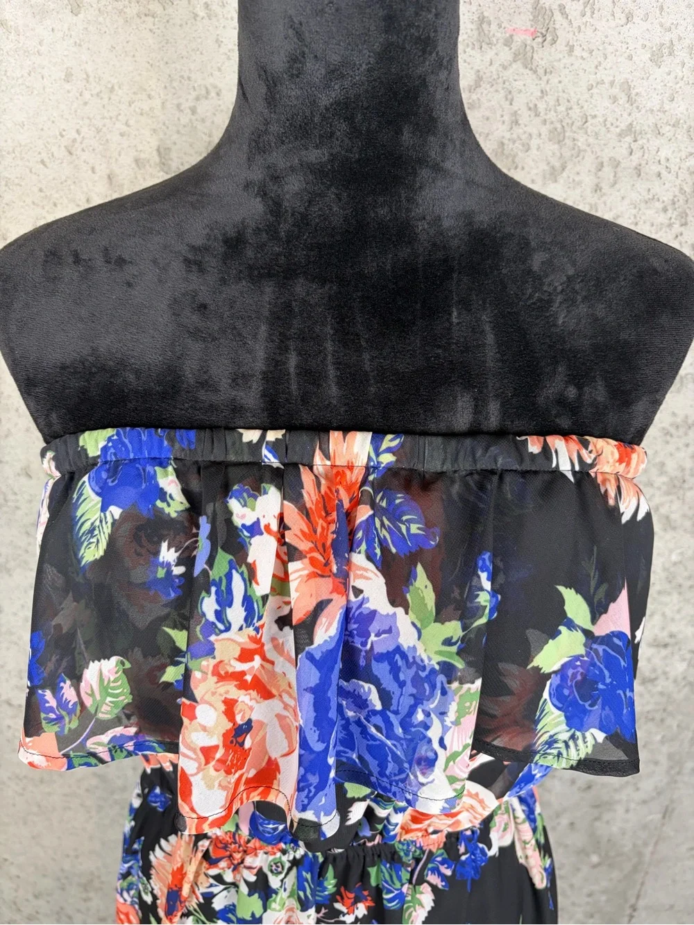 Forever 21 Floral Ruffle Strapless Maxi Dress Long Boho Vacation Fall Sz L EUC